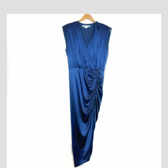 Veronica Beard Casela Dress Stretch Silk Sleeveless Blue Ruched Front Slit Sz 8 - Picture 2 of 16